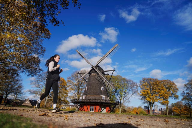 <p>A woman jogs past a windmill at the Kastellet citadel in Copenhagen on November 1, 2023</p>