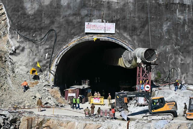 <p>Rescue personnel work at the mouth of the collapsed under construction Silkyara tunnel in the Uttarkashi district of India's Uttarakhand state</p>