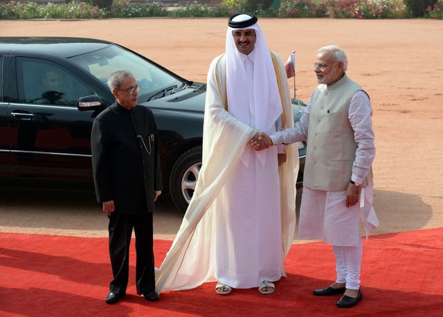 <p>Indian prime minister Narendra Modi shakes hands with Emir of the State of Qatar Sheikh Tamim Bin Hamad Al-Thani during a ceremonial reception in New Delhi in 2015</p>