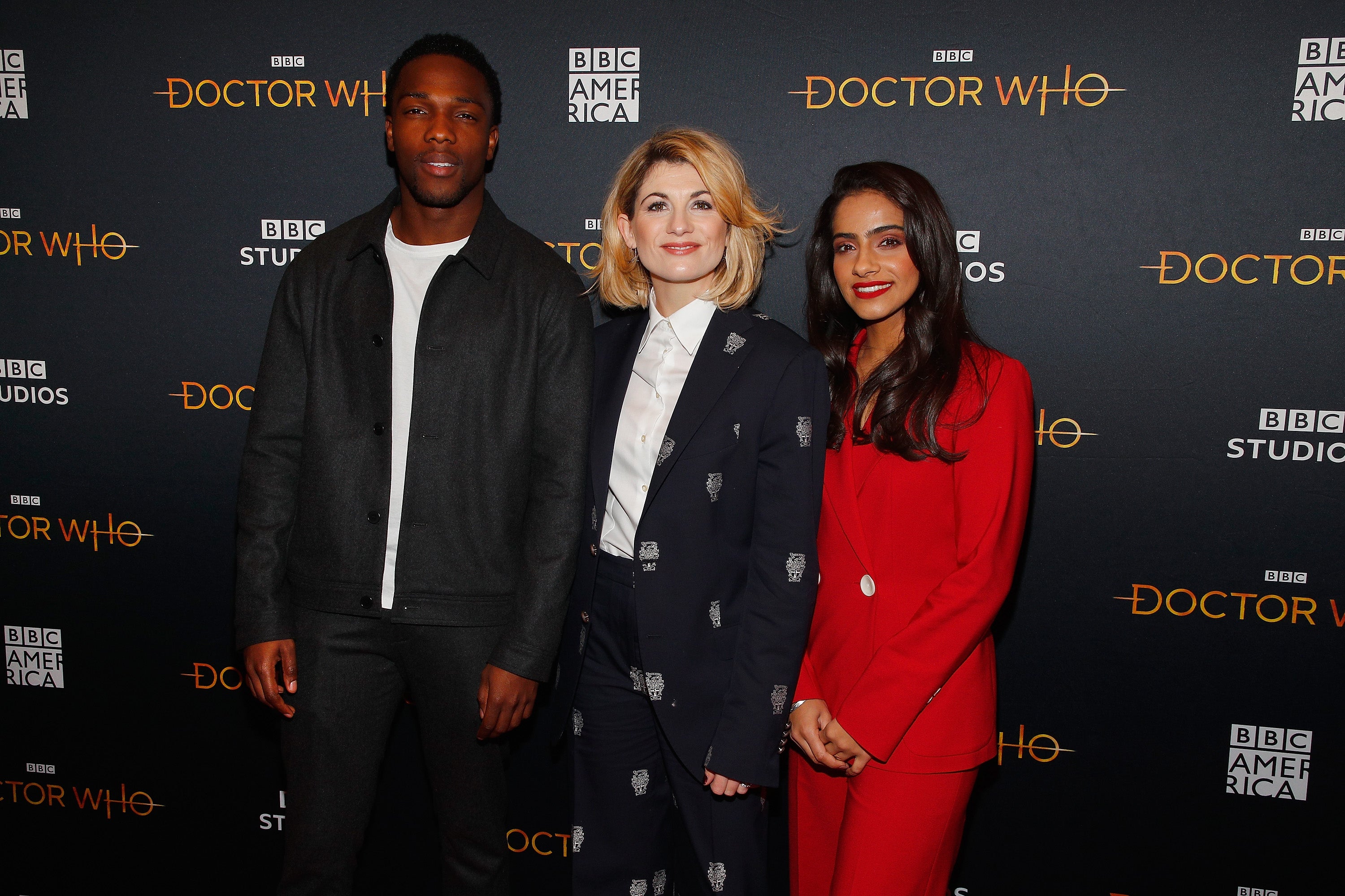 Whittaker with ‘Doctor Who’ co-stars Tosin Cole and Mandip Gill