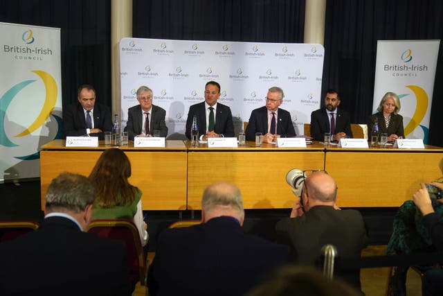 (Left to right) Alfred Cannan Chief Minister, Isle of Man, First Minister Mark Drakeford, Welsh Government, Taoiseach Leo Varadkar, Irish Government, Michael Gove Secretary of State for Levelling Up, UK Government, First Minister Humza Yousaf, Scottish Government and Chief Minister Kristina Moore, Government of Jersey (Brian Lawless/PA)