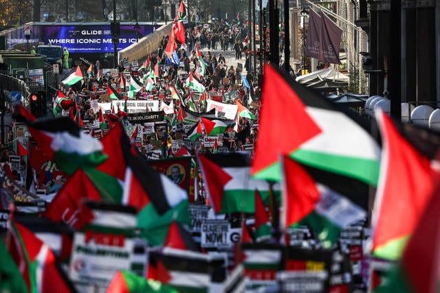 <p>Protesters holding placards and Palestinian flags take part in a 'National March For Palestine' in central London on Saturday </p>