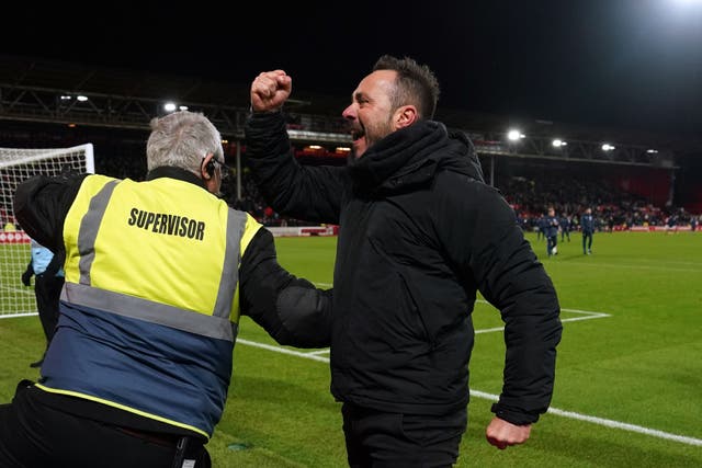 Brighton and Hove Albion manager Roberto De Zerbi celebrates at the final whistle following the Premier League match at the City Ground, Nottingham. Picture date: Saturday November 25, 2023.