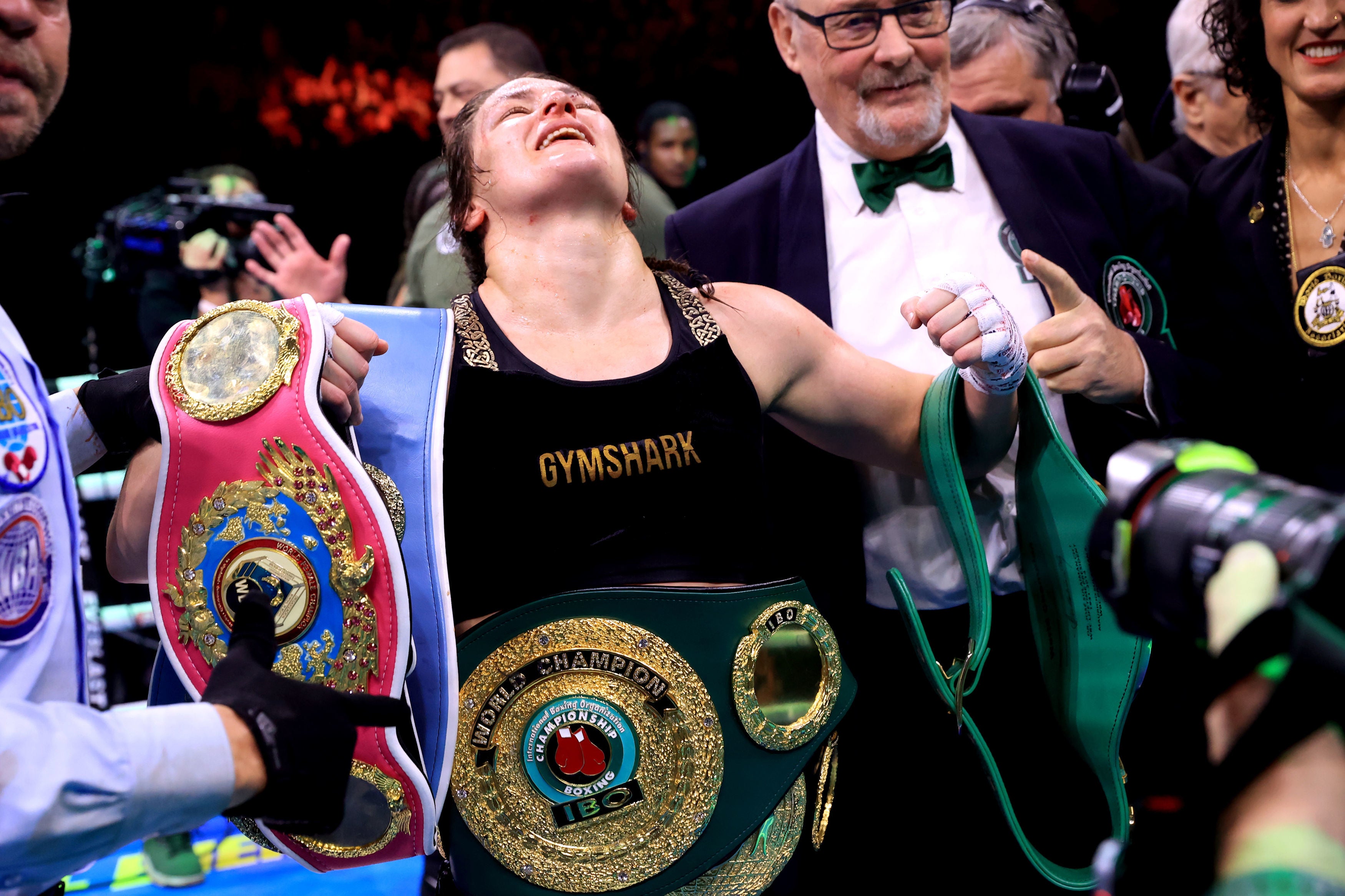 Katie Taylor celebrates her historic win in a rematch with Chantelle Cameron