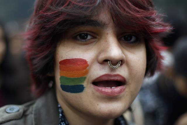 <p>
A participant of the Delhi Queer Pride Parade poses for a photograph during the march in New Delhi</p>