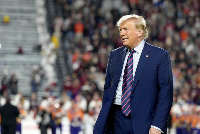 <p>Donald Trump stands on the field during halftime in an NCAA college football game between the University of South Carolina and Clemson Saturday, 25 November 2023, in Columbia</p>