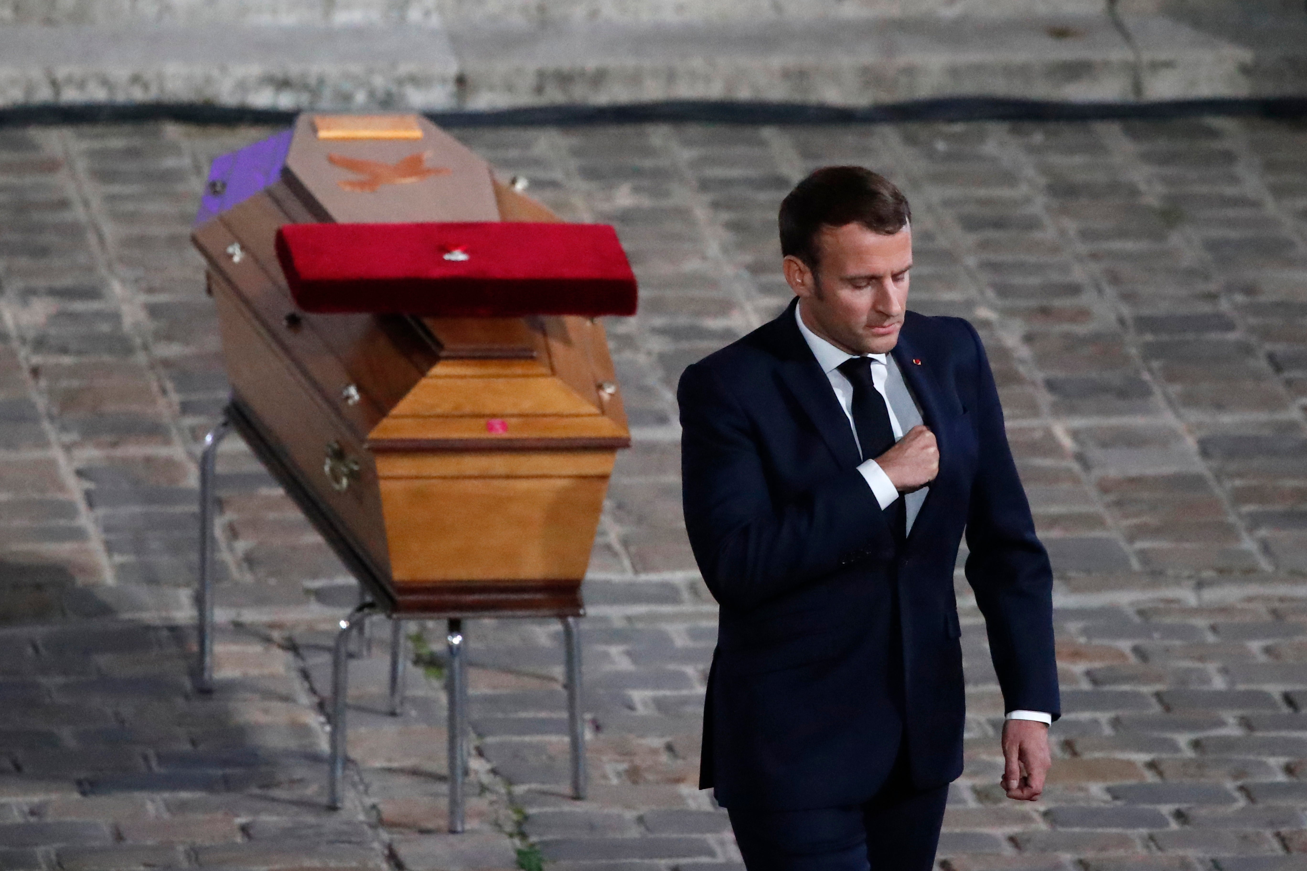 <p>French president Emmanuel Macron at a national memorial event for Samuel Paty</p>