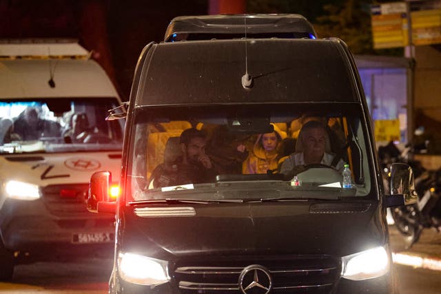 <p>A convoy carrying Isareli hostages released by Hamas from the Gaza Strip arrives at the Sheba Medical Center in Ramat Gan, on November 26, 2023.</p>