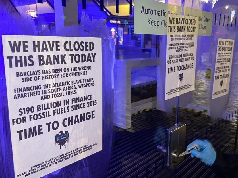 Money Rebellion are demanding the bank stop its investment in fossil fuel projects, and are calling on customers to switch to “ethical banks”.