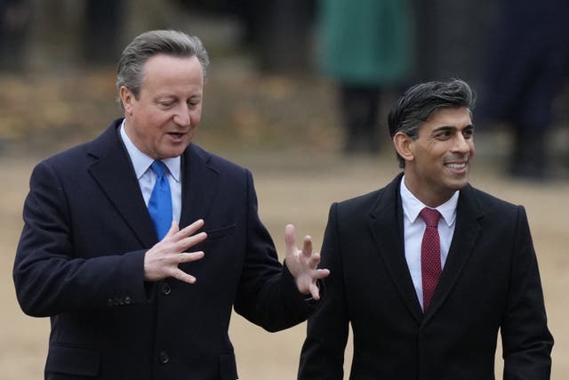 <p>Prime Minister Rishi Sunak (right) and the Foreign Secretary, Lord David Cameron (Frank Augstein/PA)</p>
