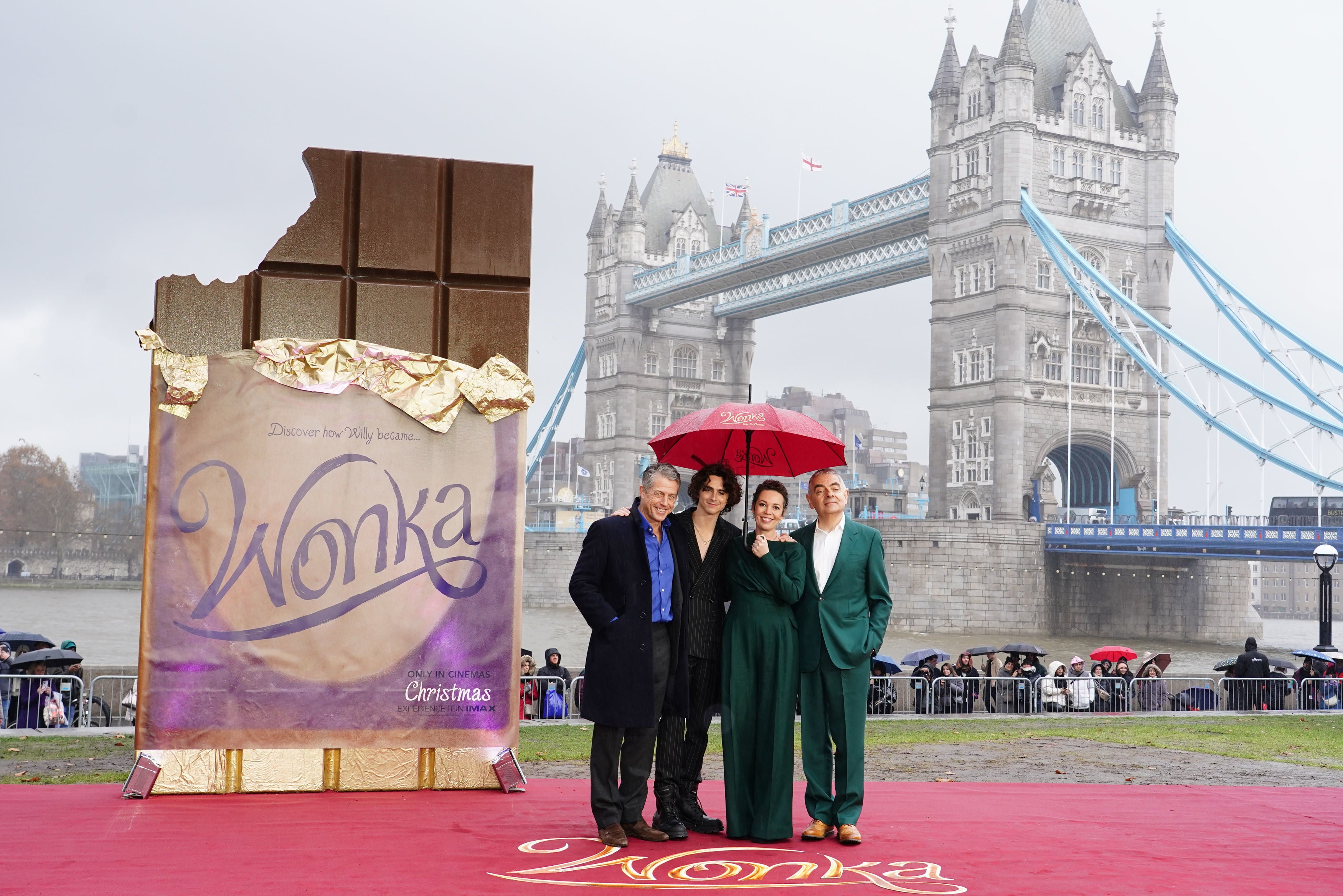 Hugh Grant, Timothee Chalamet, Olivia Colman and Rowan Atkinson during a photo call with the cast of Wonka in London.