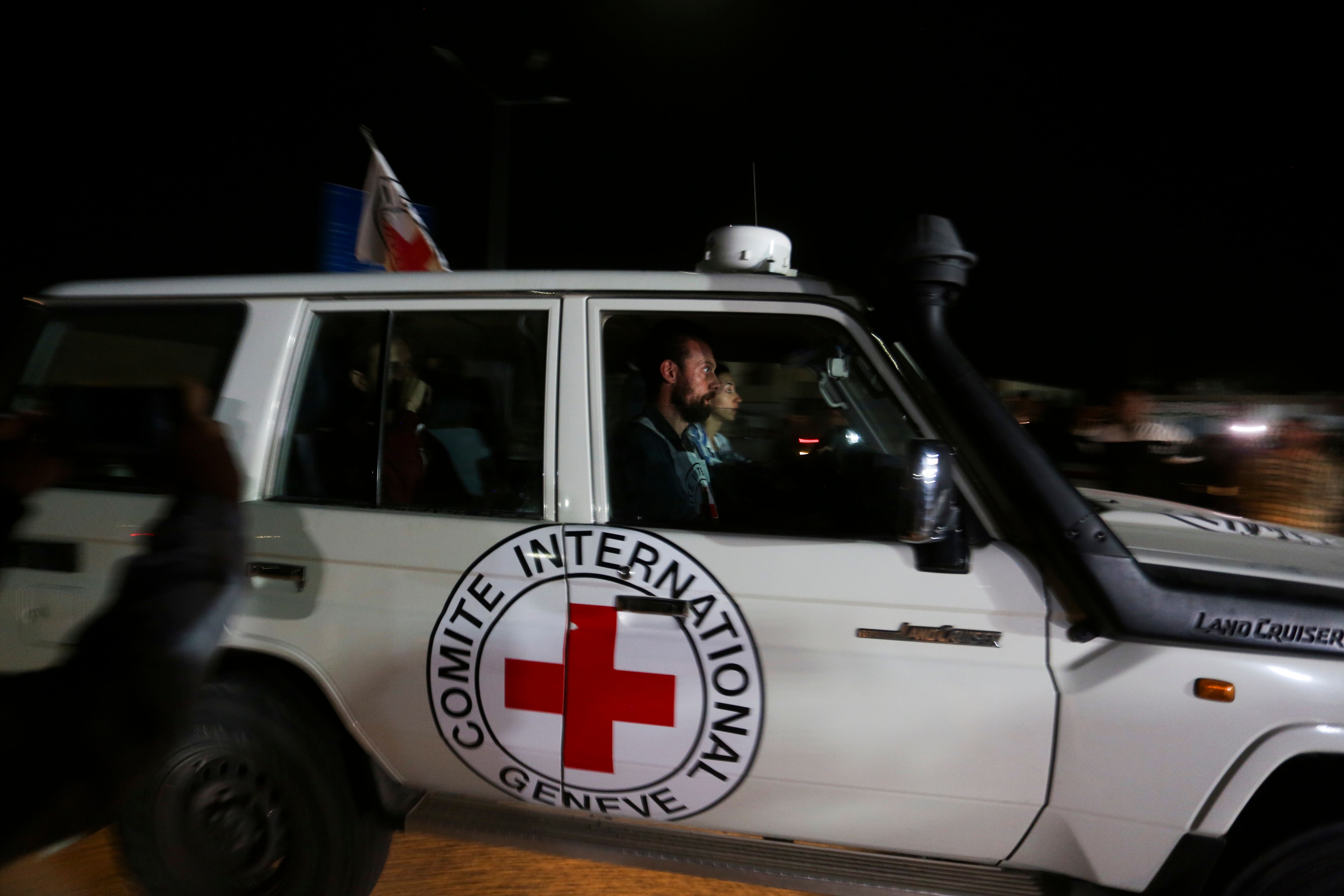 A Red Cross convoy carrying Israeli hostages
