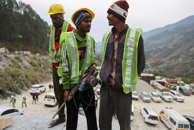 <p>‘Rat-hole miners’ stand before they begin manual drilling during the rescue operation in Uttarkashi, India</p>
