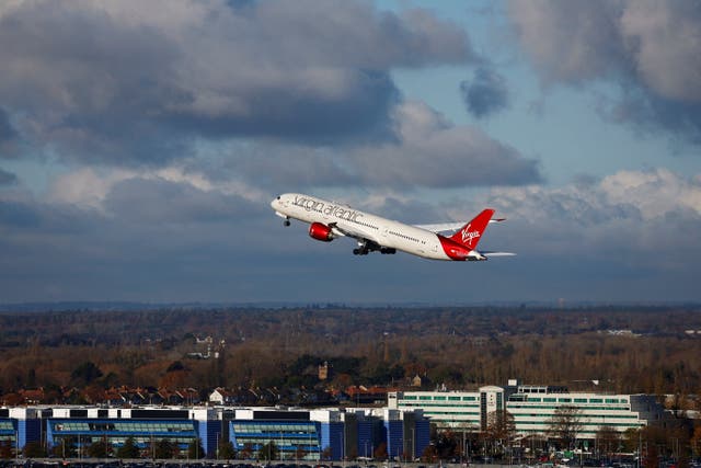 <p>The first 100% Sustainable Aviation Fuel transatlantic flight to John F. Kennedy International Airport in New York takes off from Heathrow airport, in London, Britain, November 28, 2023</p>