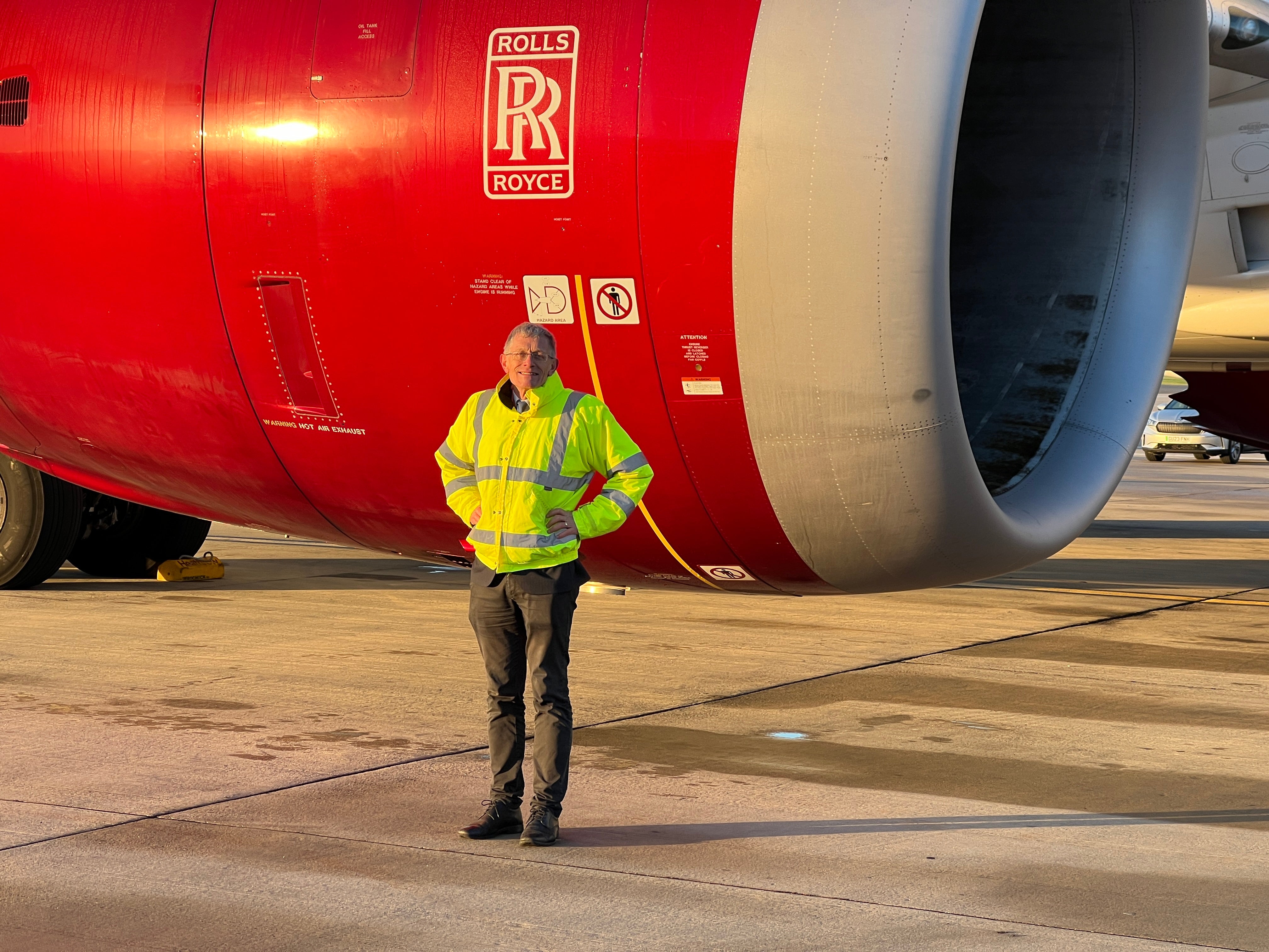 Waste disposal: Simon Calder in front of one of the Rolls-Royce Trent 1000 engines powered with sustainable aircraft fuel