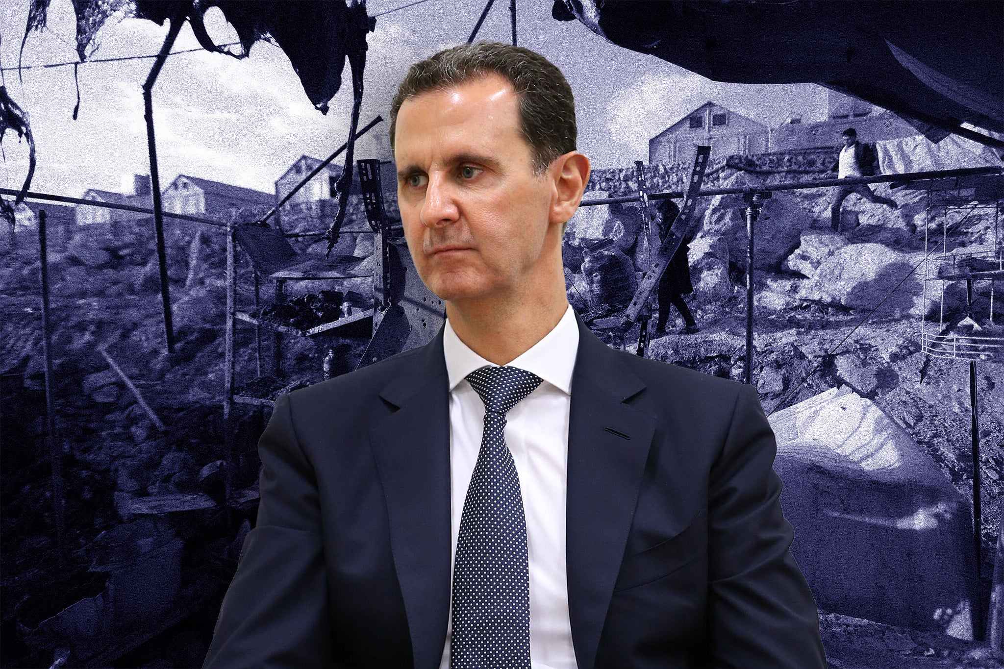 Syrian President Bashar al-Assad (pictured) has been invited to the Cop28 climate summit. Background: Damage caused by reported regime shelling on the camp of Maram for internally displaced people near the village of Kafr Jales in Syria's northwestern Idlib province, on November 6, 2022