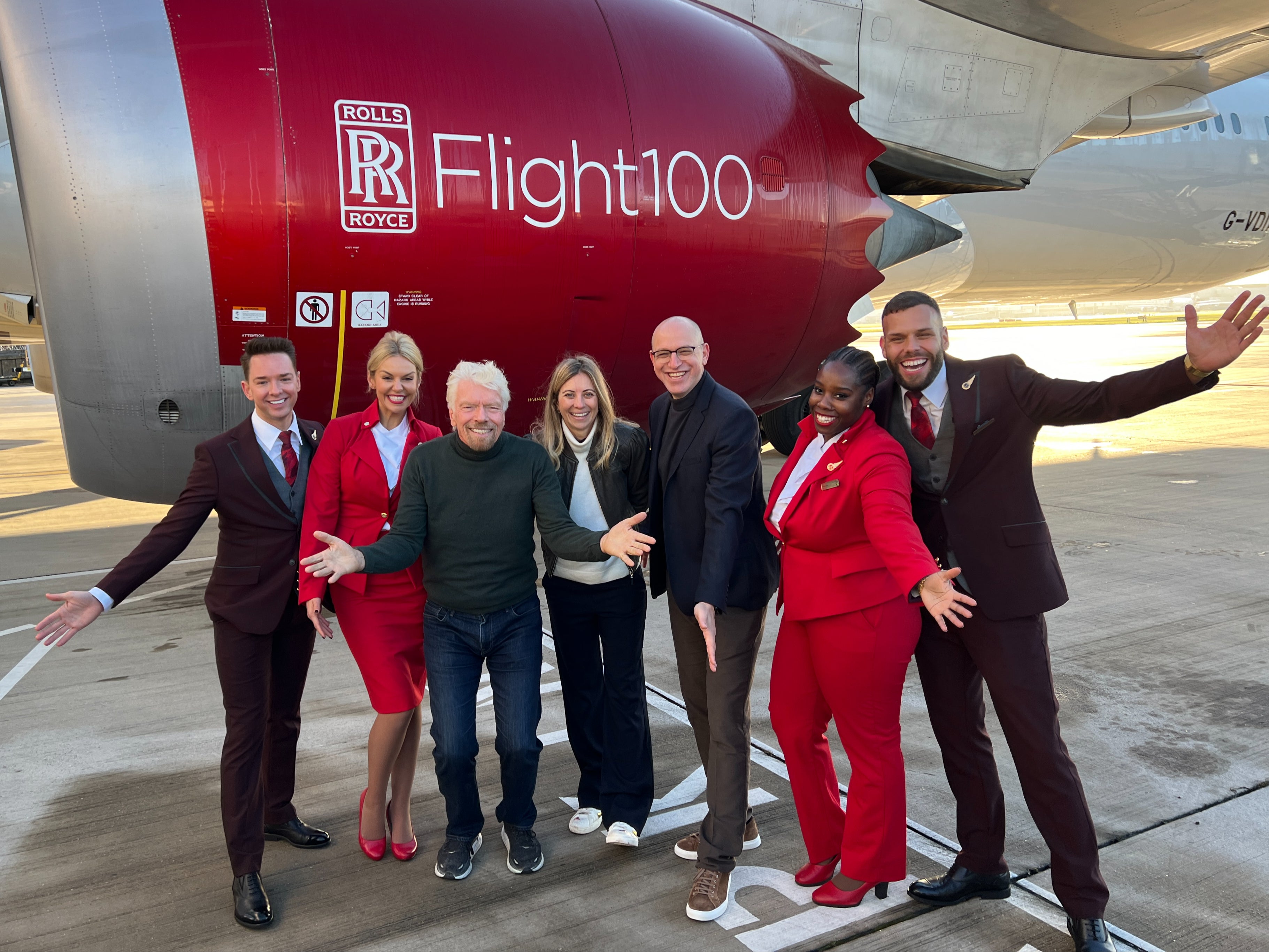 Send off: Sir Richard Branson and the Virgin Atlantic team at Heathrow before departure