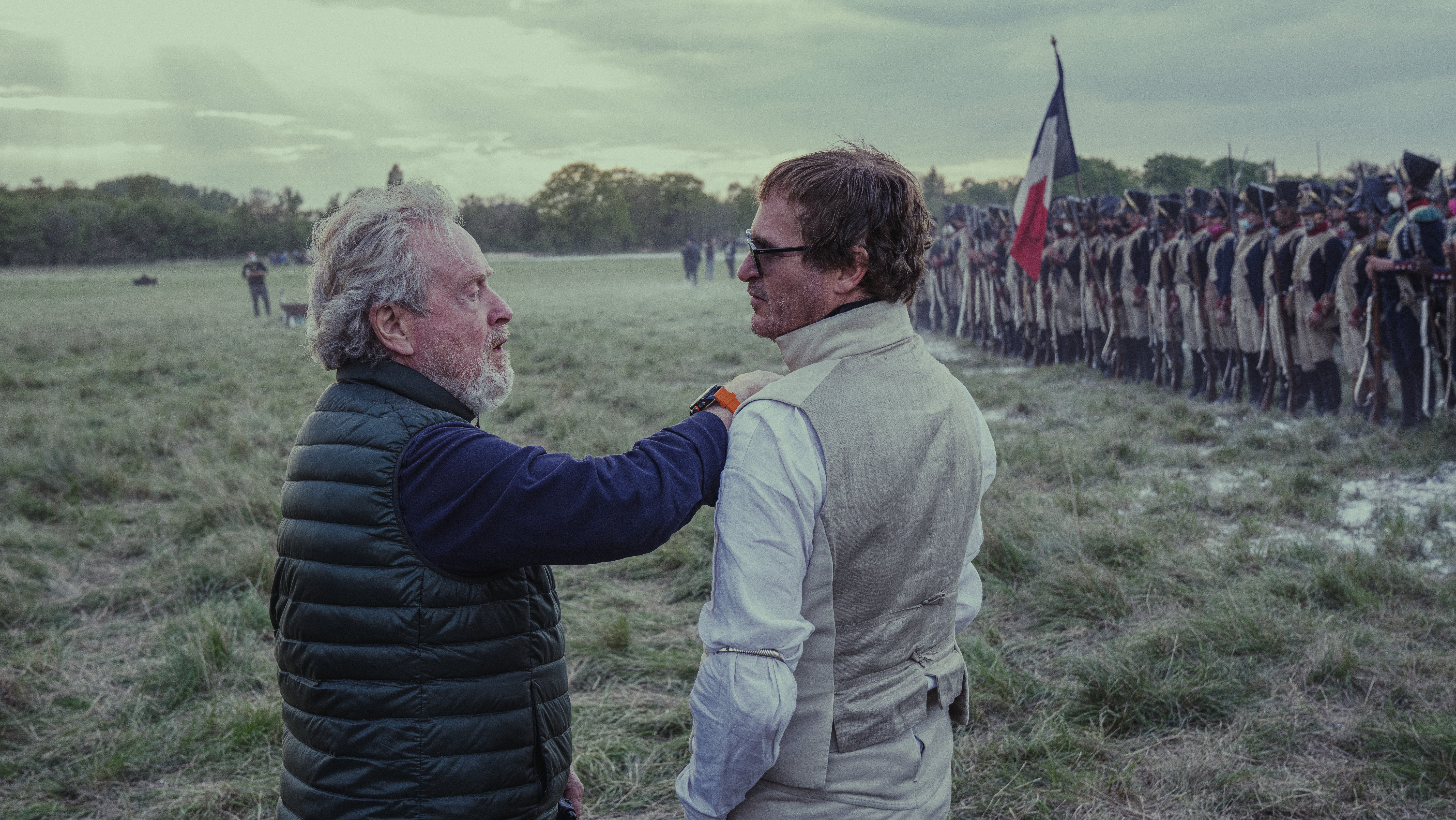 Director Ridley Scott and lead actor Joaquin Phoenix during the filming of ‘Napoleon'