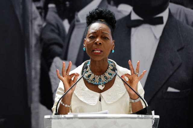 Baroness Floella Benjamin speaking at the unveiling of the National Windrush Monument (John Sibley/PA)