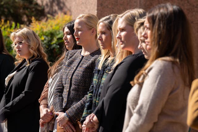 <p>Plaintiffs in a lawsuit challenging Texas anti-abortion law hold a press conference outside the state Supreme Court on 28 November. </p>