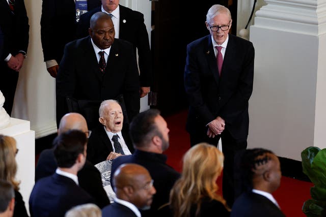 <p>Former U.S. President Jimmy Carter attends a tribute service for his wife former first lady Rosalynn Carter, at Glenn Memorial Church in Atlanta, Georgia, U.S., November 28, 2023</p>