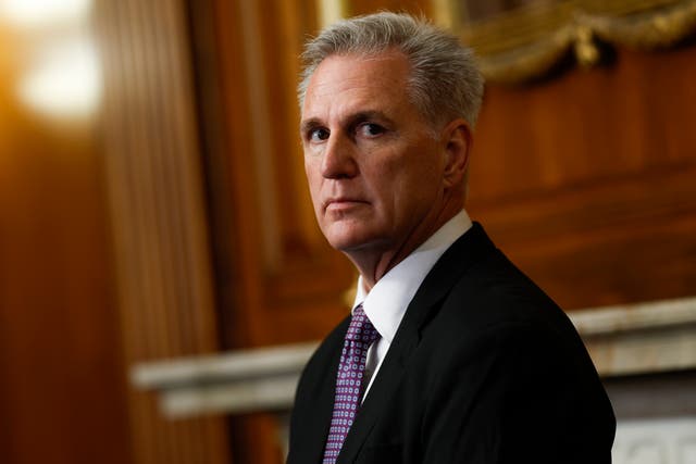 <p>Kevin McCarthy (R-CA) listens during a press conference on funding for the southern border at the U.S. Capitol Building on September 29, 2023 in Washington, DC. </p>