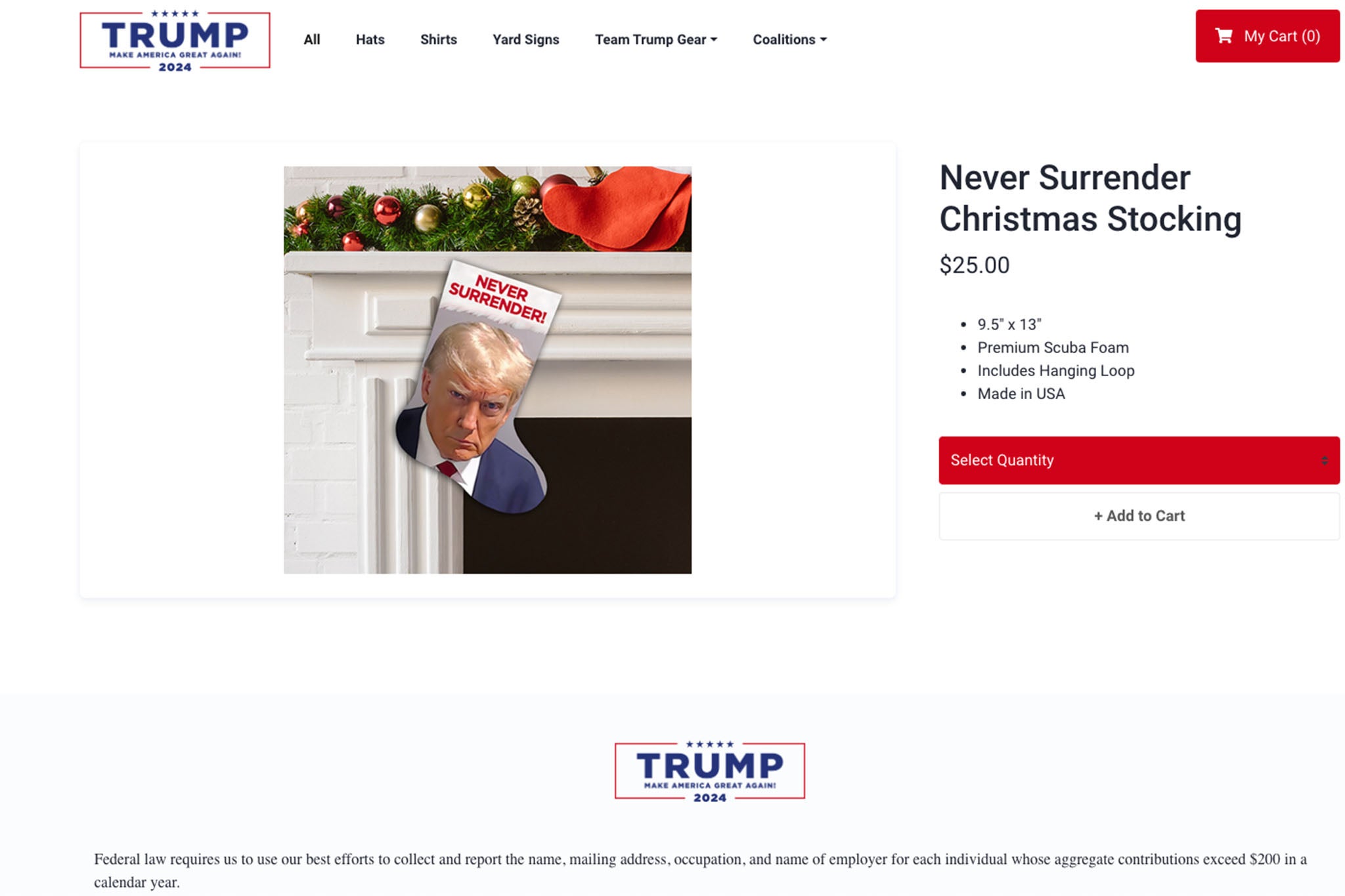 A screenshot of the official Donald Trump merchandising site of a Never Surrender Christmas Stocking with his mug shot on it