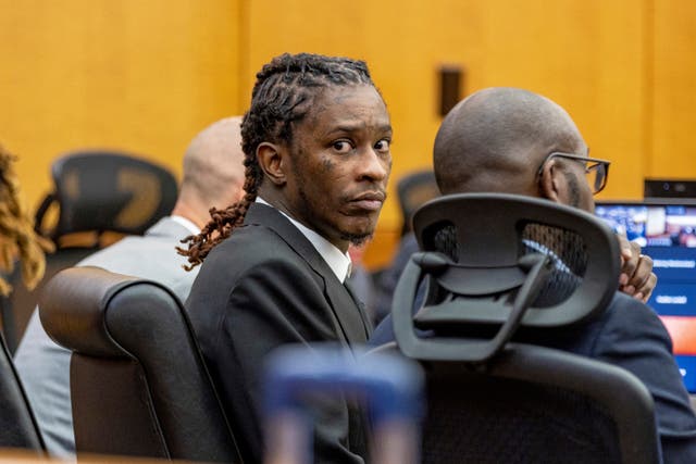 <p>Atlanta rapper Young Thug, whose real name is Jeffery Williams, makes his first appearance at the Fulton County courthouse in Atlanta in December 2022 </p>