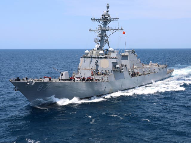 <p>The USS Mason sails the Atlantic Ocean in July 2021</p>