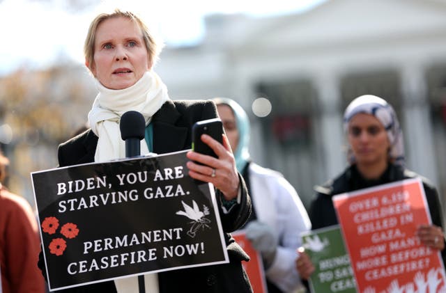 <p>Actress Cynthia Nixon speaks as she announces a hunger strike calling for a ceasefire in Gaza outside the White House on November 27, 2023 in Washington, DC</p>