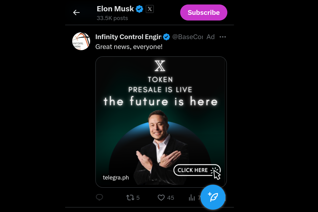 Elon Musk’s profile page on X has featured ads for fake cryptocurrency