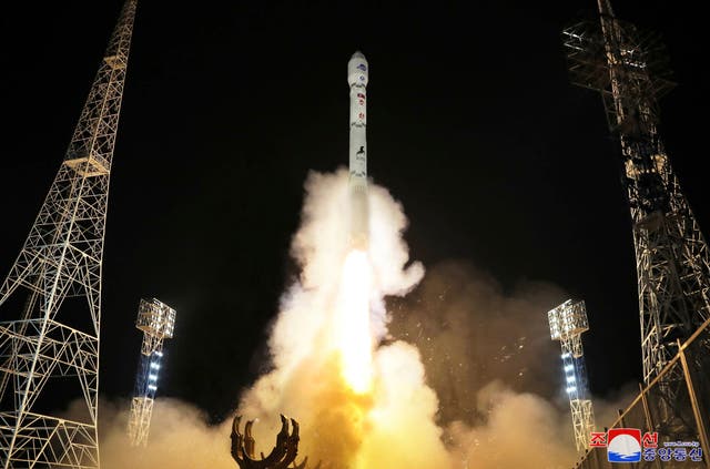<p>This photo provided by the North Korean government shows what the country said is the launch of the Malligyong-1, a military spy satellite, into orbit</p>