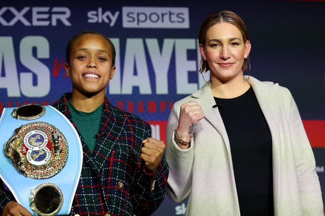 <p>Natasha Jonas, left, at the press conference for her title defence against Mikaela Mayer</p>
