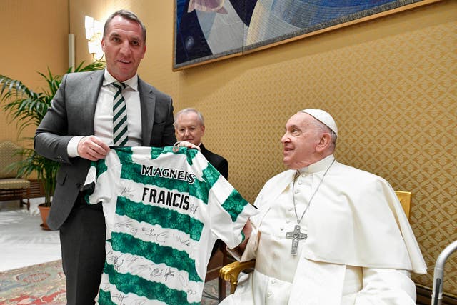 <p>Celtic boss Brendan Rodgers presented the Pope a shirt with ‘Francis’ on the back </p>