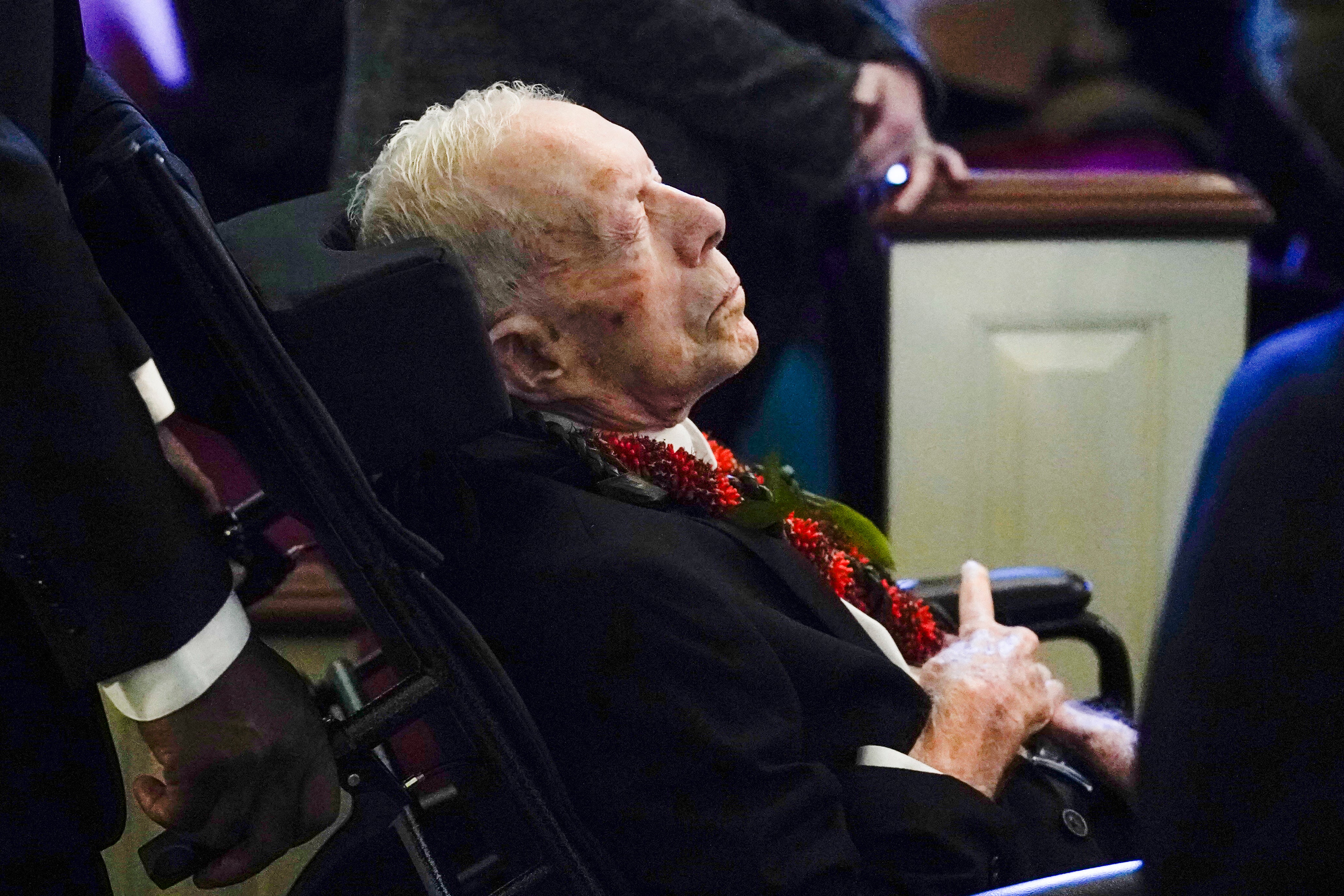 former President Jimmy Carter arrives for the funeral service for his wife, former first lady Rosalynn Carter, at Maranatha Baptist Church, in Plains, Georgia, on November 29, 2023.