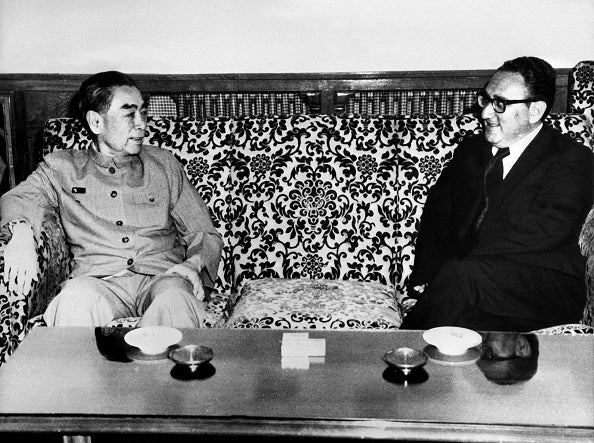 US Special envoy Henry Kissinger (R) meets with China's Prime Minister Zhou Enlai, July 1971 in Beijing.