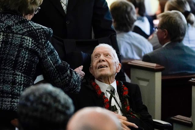 <p>Jimmy Carter, 99, attended the funeral service of his late wife, former First Lady Rosalynn Carter </p>