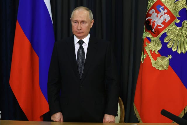<p>Russian President Vladimir Putin attends a plenary session of the World Russian People’s Council, dedicated to the 30th anniversary of the founding of the organisation, via videoconference at the Bocharov Ruchei residence in the Black Sea resort of Sochi, Russia</p>