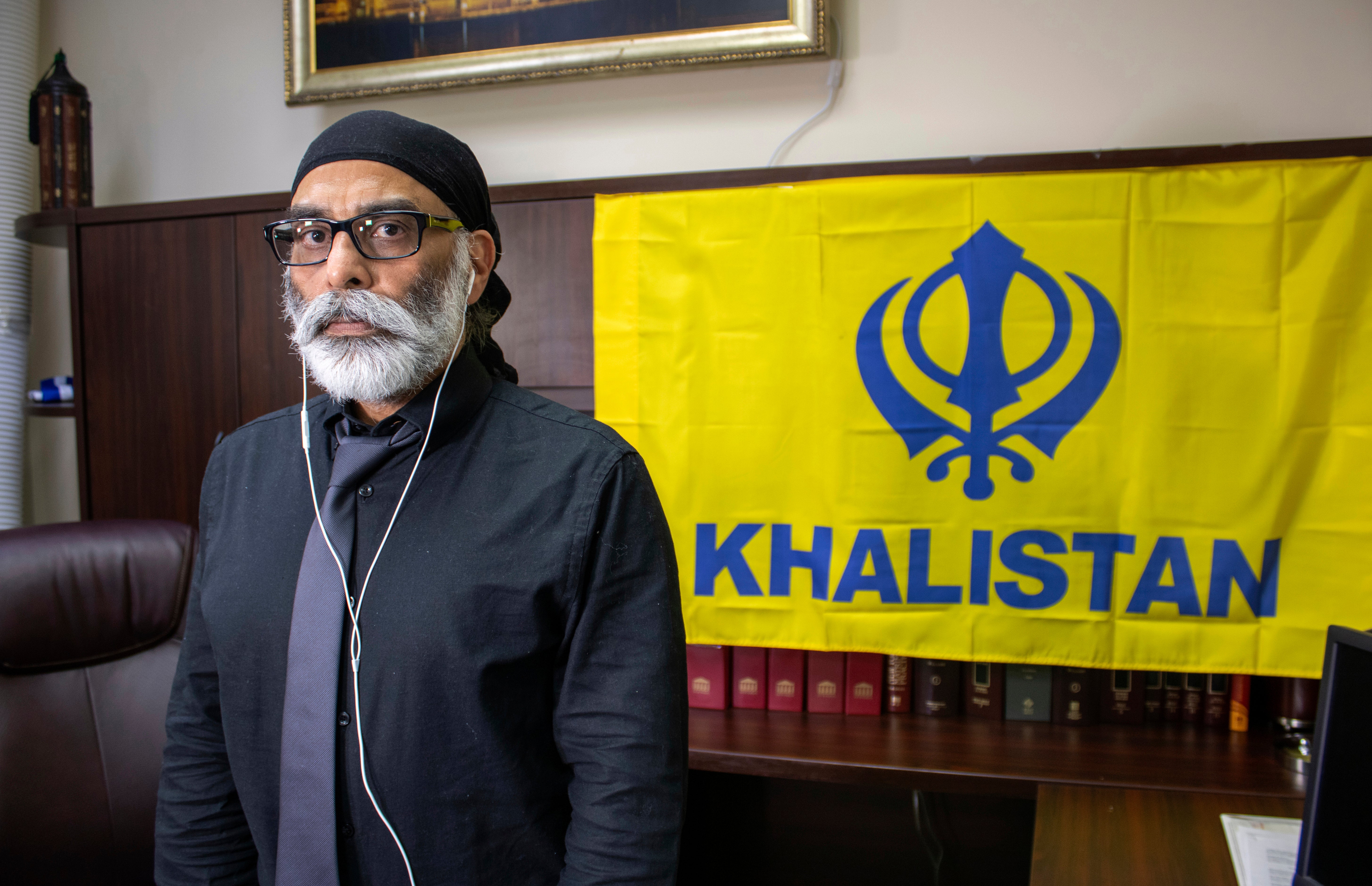 Sikh separatist leader Gurpatwant Singh Pannun is pictured in his office on Wednesday