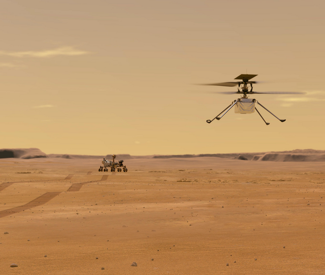 <p>This illustration depicts Mars helicopter Ingenuity during a test flight on Mars</p>