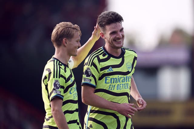 Martin Odegaard, left, hailed Declan Rice as an ‘amazing’ addition to the Arsenal squad (Robbie Stephenson/PA)