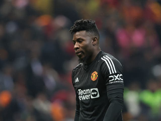 <p>Andre Onana reacts after Manchester United’s draw against Galatasaray</p>