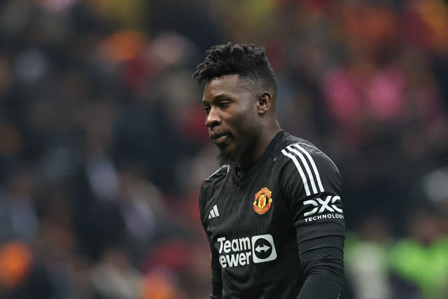 <p>Andre Onana reacts after Manchester United’s draw against Galatasaray</p>