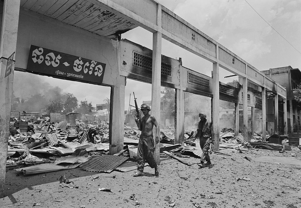 <p>The aftermath of heavy bombing in Snuol, Cambodia, during the Cambodian Campaign of the Vietnam War, in May 1970</p>