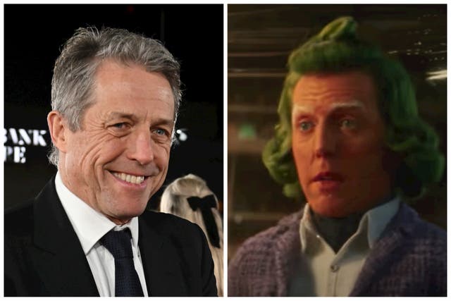 <p>Hugh Grant (left) and as Lofty the Oompa Loompa in ‘Wonka'</p>