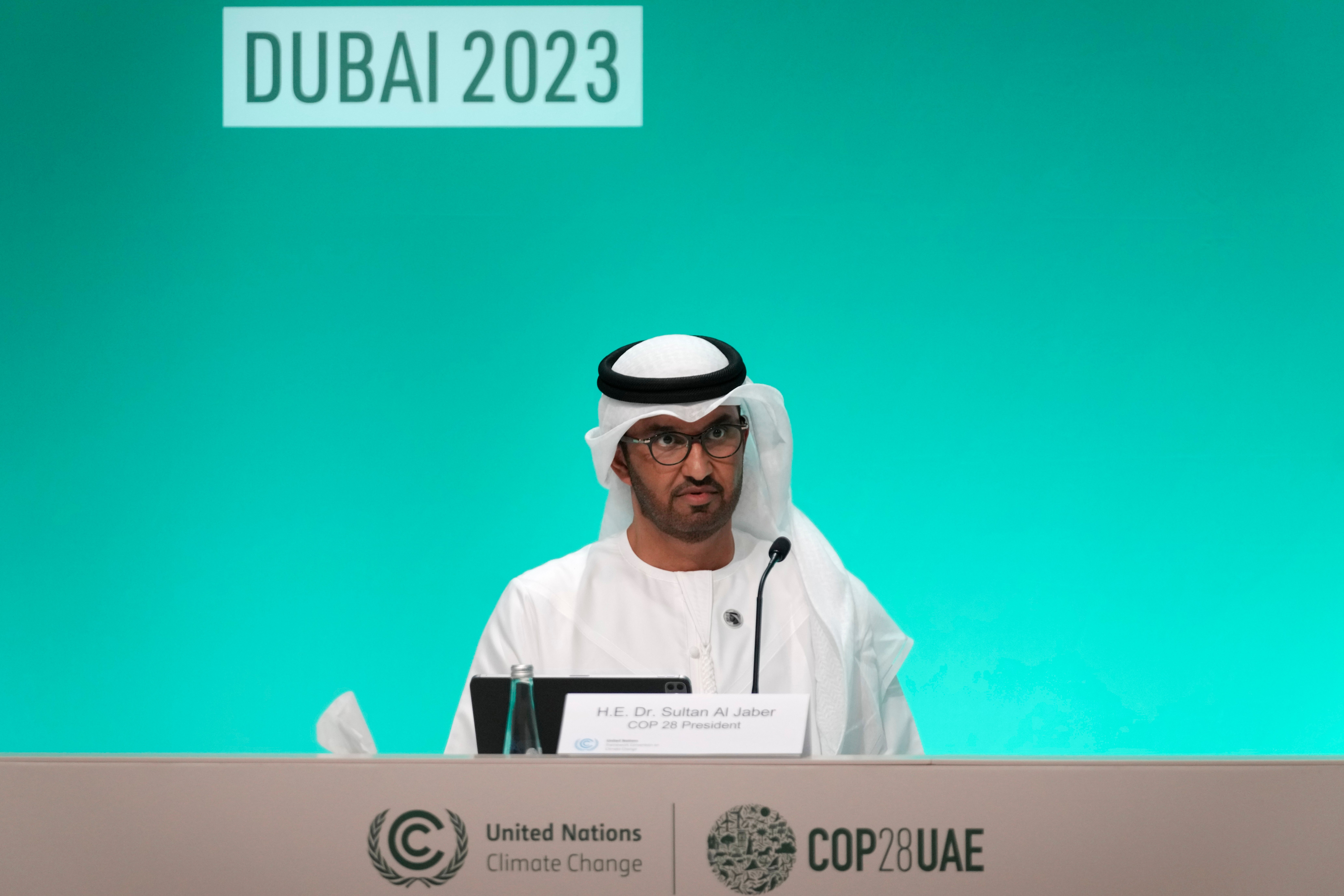 Cop28 president Sultan al-Jaber addresses the climate summit in Dubai on Thursday