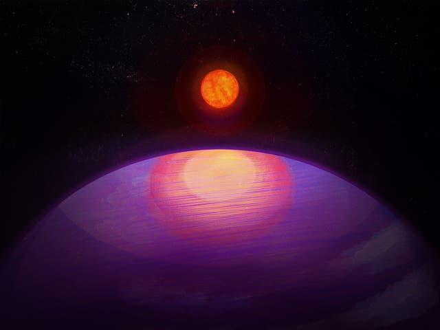 <p>Representación artística de la posible vista desde LHS 3154b hacia su estrella anfitriona de baja masa. Dada su gran masa, LHS 3154b probablemente tenga una composición similar a Neptuno. </p>