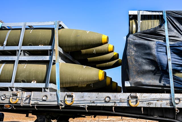 <p>A shipment of 155mm artillery shells used by the Israeli army is transported on a truck along a highway between the Jerusalem and Beersheba in southern Israel on October 14, 2023</p>