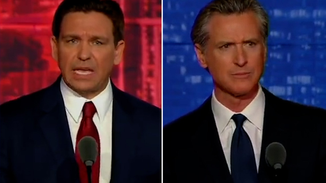 <p>DeSantis (left) and Newsom (right) came face to face on debate stage </p>