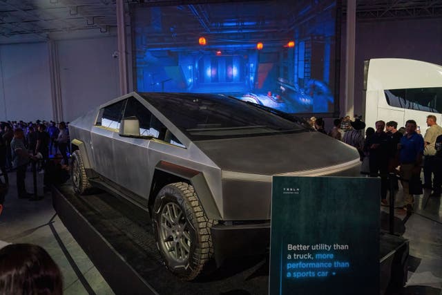 <p>The Tesla Cybertruck is on display at the Tesla Giga Texas manufacturing facility during the “Cyber Rodeo” grand opening party on April 7, 2022 in Austin, Texas</p>